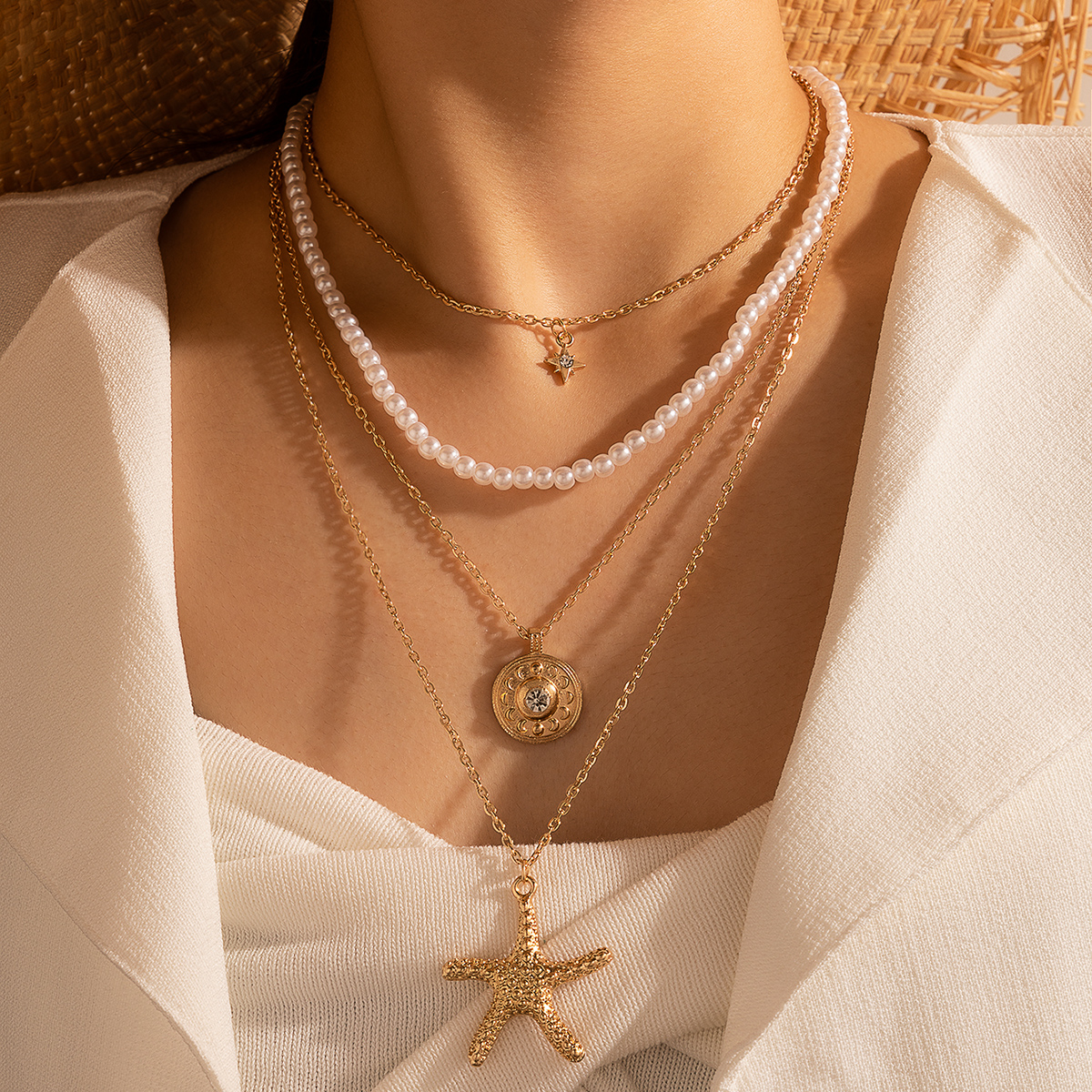 Simple Starfish Pearl Alloy Diamond 4-layer Pendant Necklace display picture 5
