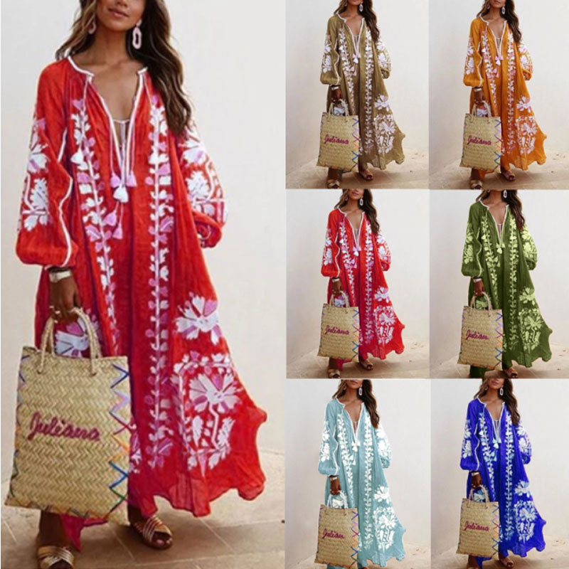 Women's Boho Dress Fashion V Neck Long Sleeve Flower Midi Dress Home Travel Beach display picture 1