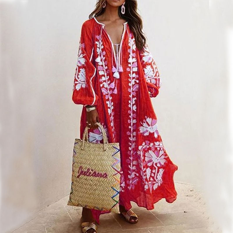 Women's Boho Dress Fashion V Neck Long Sleeve Flower Midi Dress Home Travel Beach display picture 2