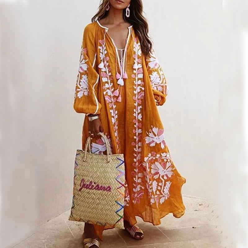 Women's Boho Dress Fashion V Neck Long Sleeve Flower Midi Dress Home Travel Beach display picture 5