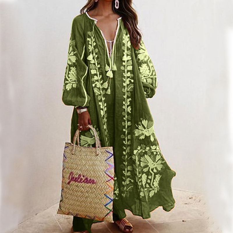 Women's Boho Dress Fashion V Neck Long Sleeve Flower Midi Dress Home Travel Beach display picture 6