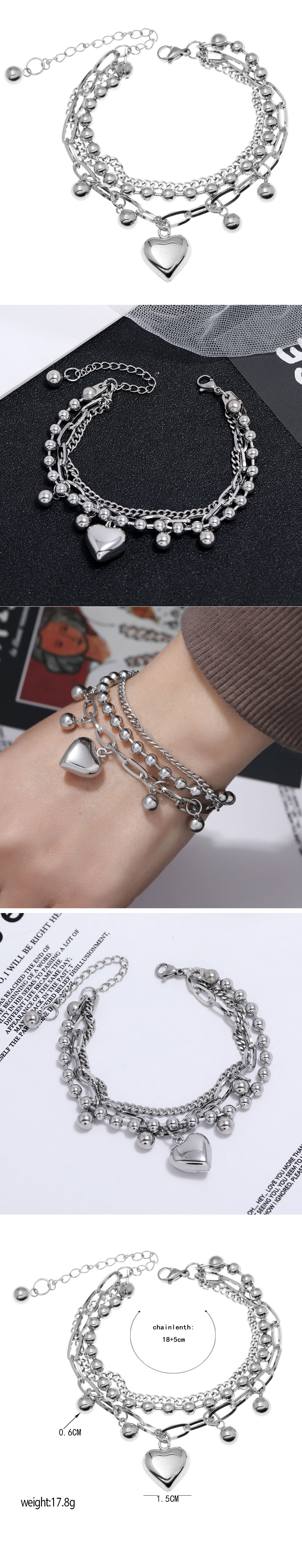 Korean Fashion Stainless Steel Love Heart Pendant Bracelet display picture 1