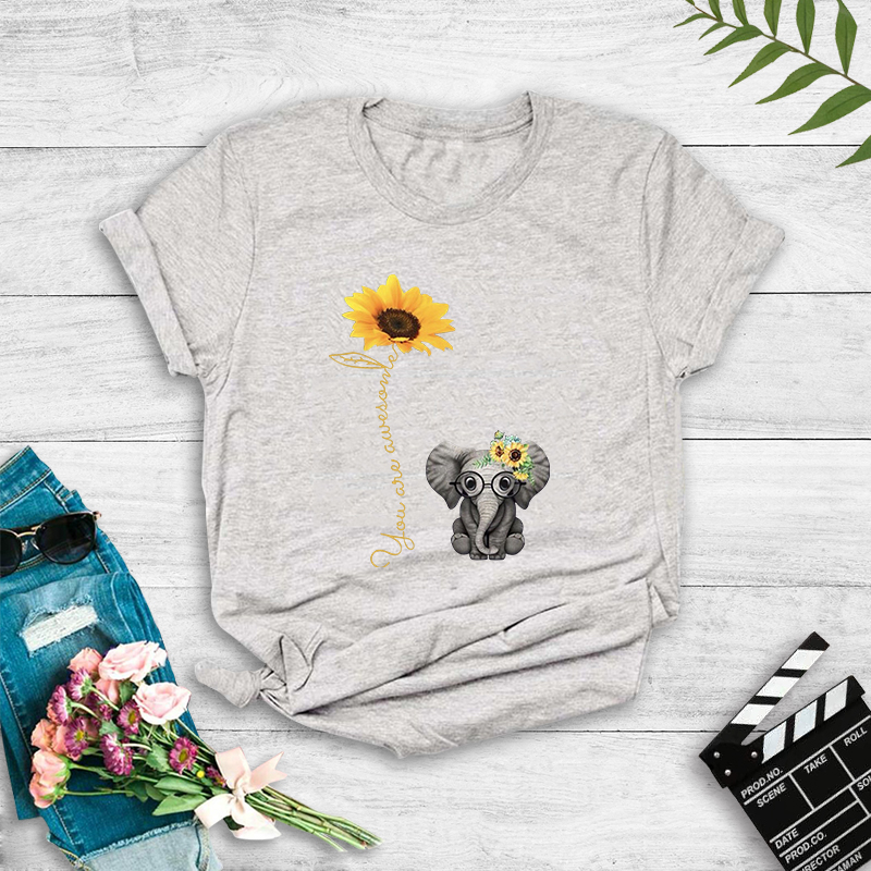 Cartoon Elephant Sunflower English Print T-shirt display picture 1
