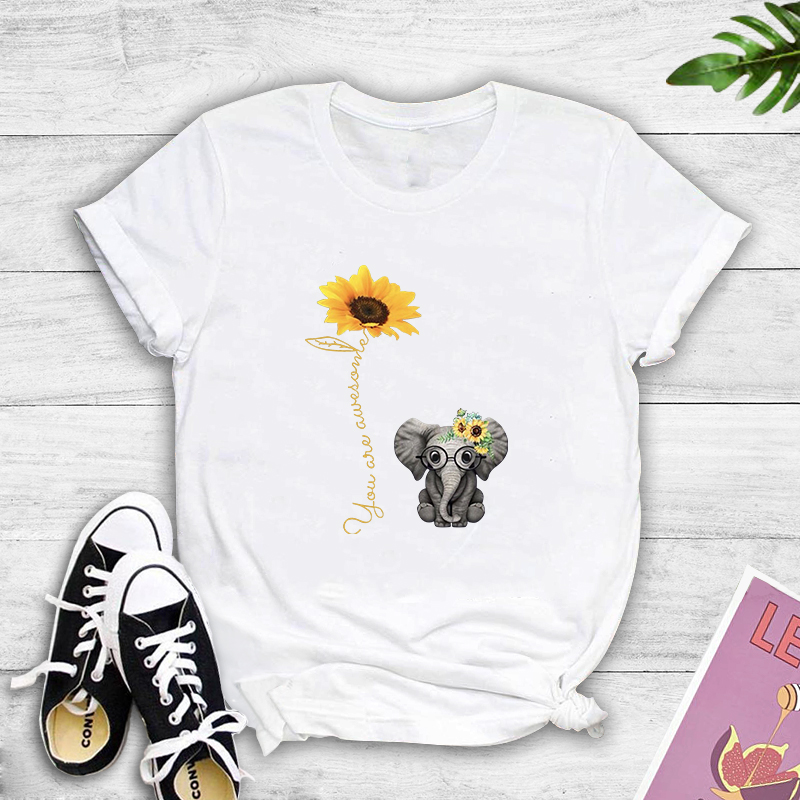 Cartoon Elephant Sunflower English Print T-shirt display picture 2