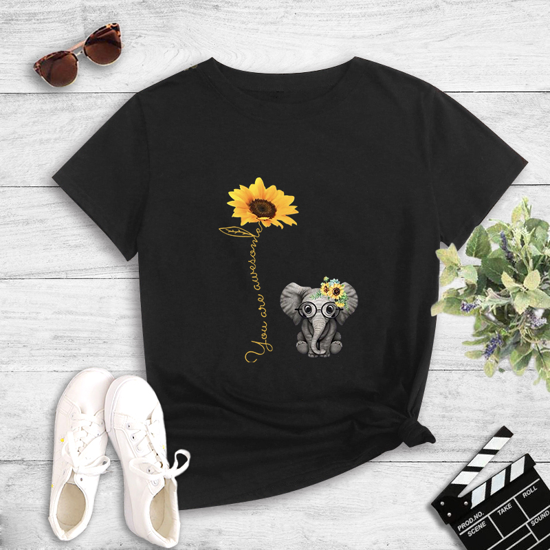 Cartoon Elephant Sunflower English Print T-shirt display picture 3