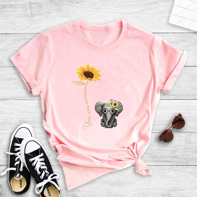 Cartoon Elephant Sunflower English Print T-shirt display picture 4