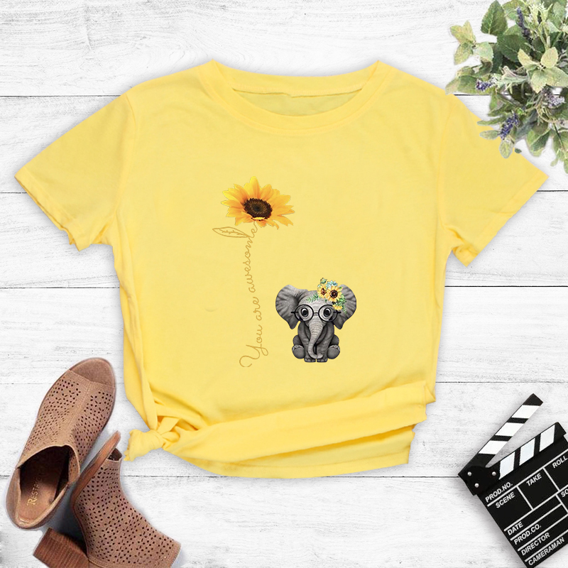 Cartoon Elephant Sunflower English Print T-shirt display picture 5