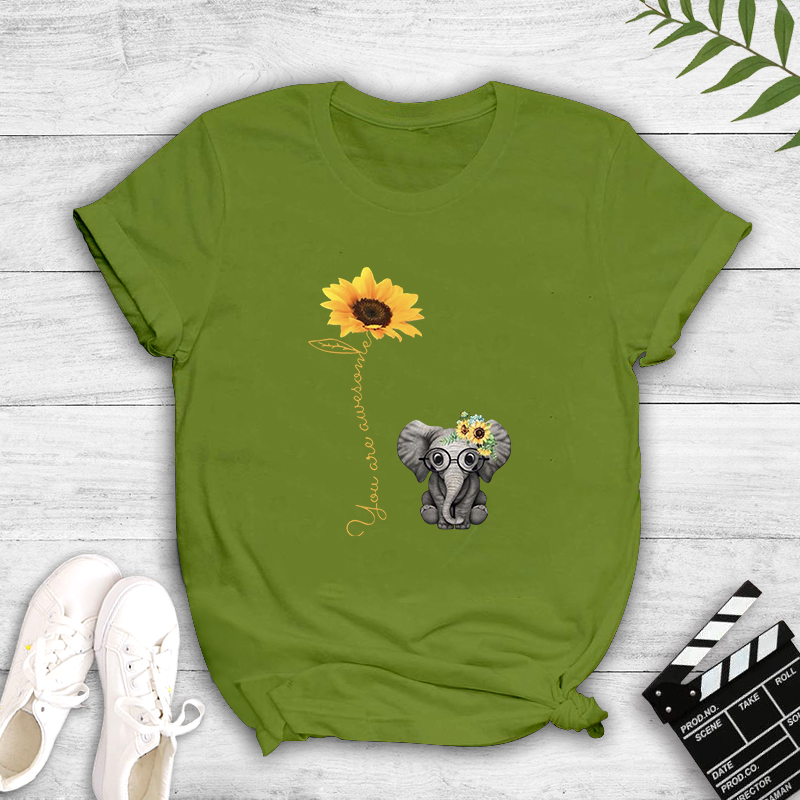 Cartoon Elephant Sunflower English Print T-shirt display picture 6