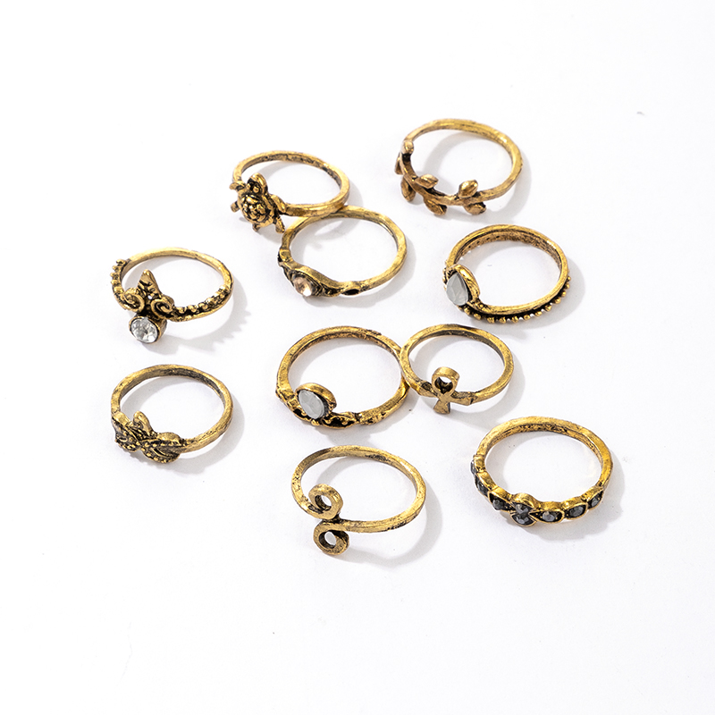 Retro Turtle Starfish Crown Leaf Antique Gold Ring 10-piece Set display picture 1