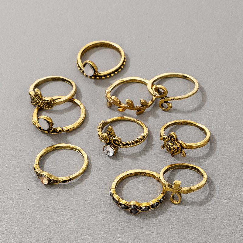 Retro Turtle Starfish Crown Leaf Antique Gold Ring 10-piece Set display picture 2