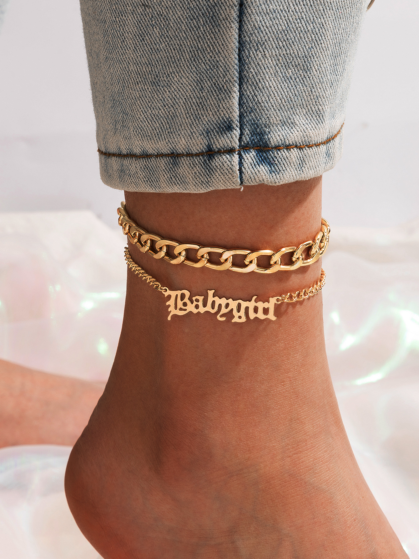 Simple Thick Chain Buckle Letter Two-layer Anklet display picture 6