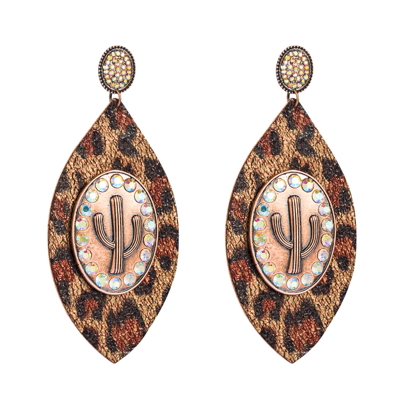 New Creative Leather Printing Leopard Print Cactus Earrings display picture 6
