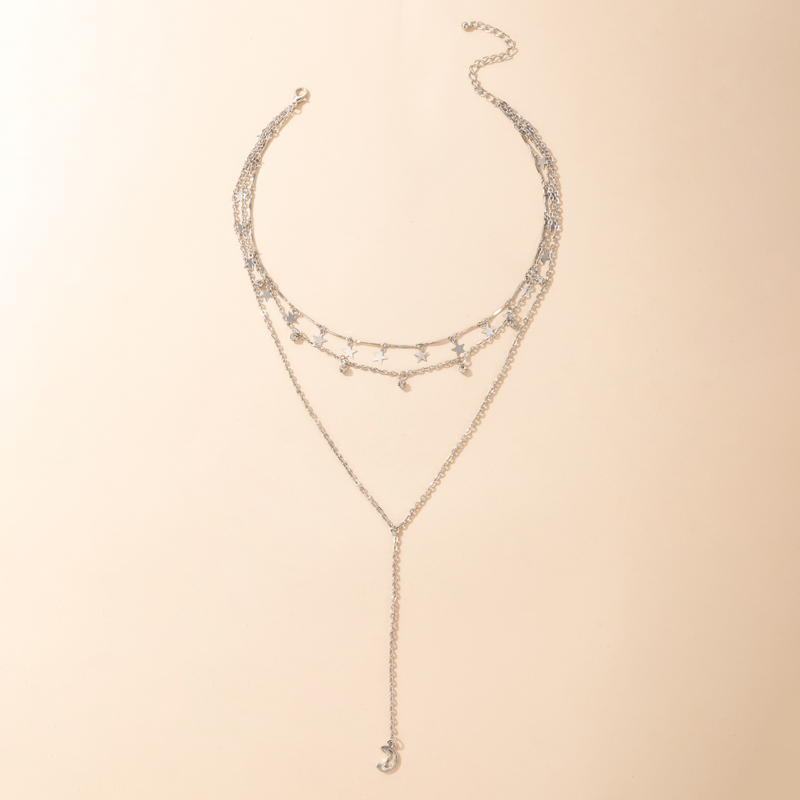 Fashion Simple Star Bell Tassel Moon Pendant Three-layer Necklace display picture 2