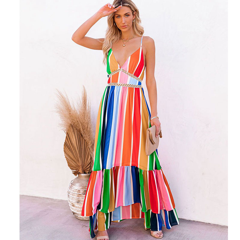 New Fashion Rainbow Stripe Printing Lace Long Dress display picture 1