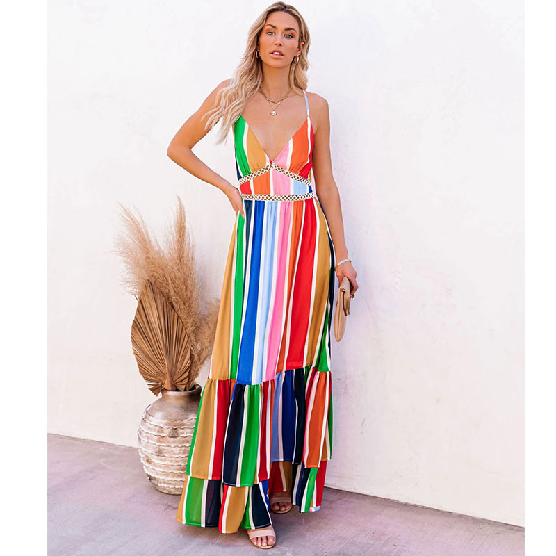New Fashion Rainbow Stripe Printing Lace Long Dress display picture 2