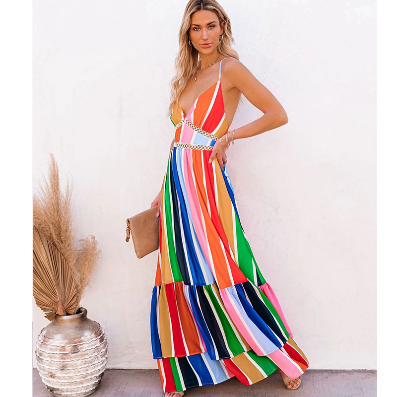 New Fashion Rainbow Stripe Printing Lace Long Dress display picture 3