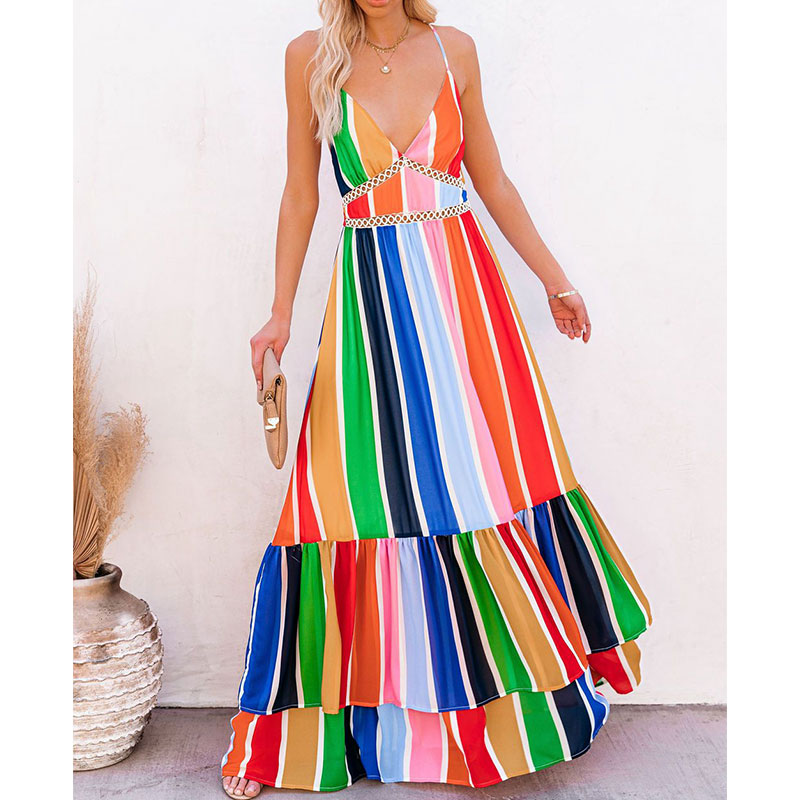 New Fashion Rainbow Stripe Printing Lace Long Dress display picture 4