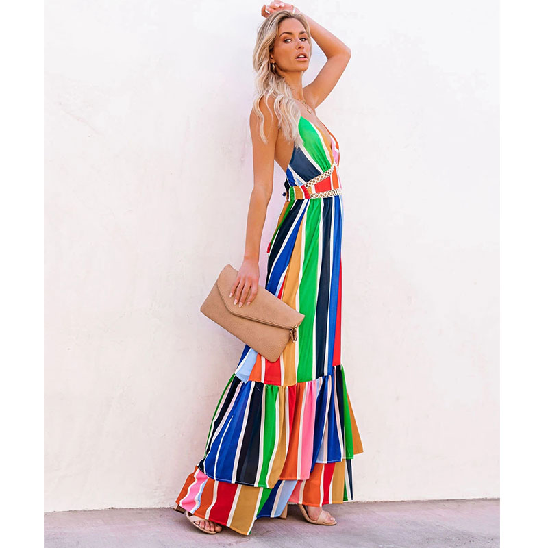 New Fashion Rainbow Stripe Printing Lace Long Dress display picture 5