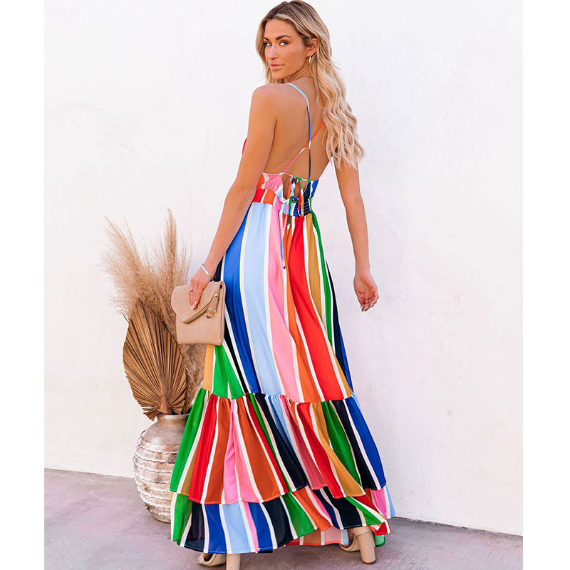 New Fashion Rainbow Stripe Printing Lace Long Dress display picture 6