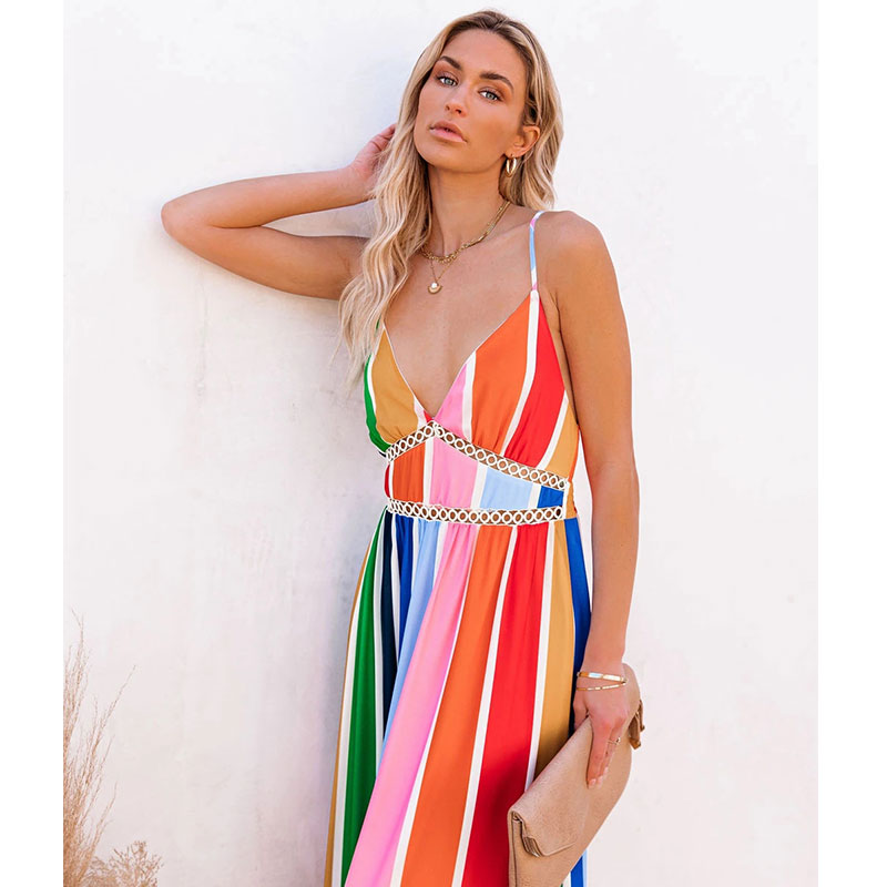 New Fashion Rainbow Stripe Printing Lace Long Dress display picture 7