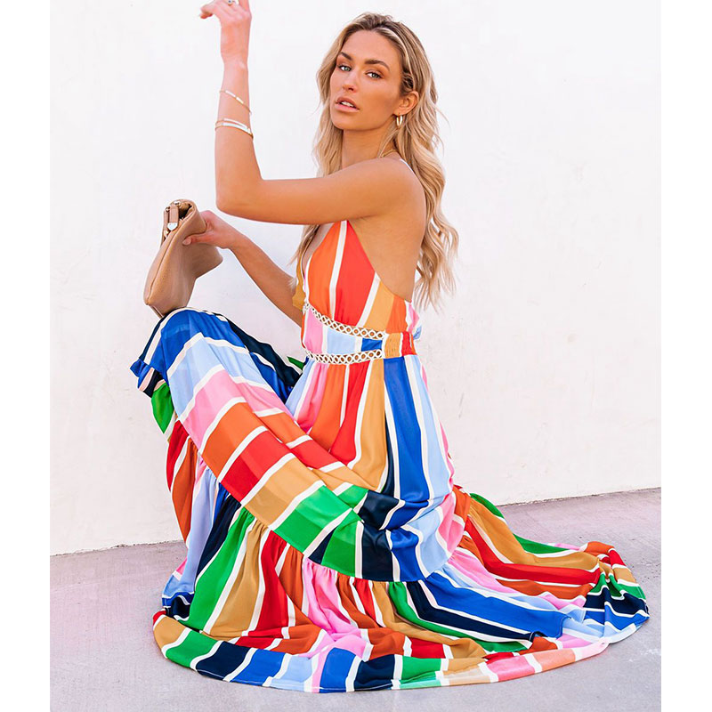 New Fashion Rainbow Stripe Printing Lace Long Dress display picture 8
