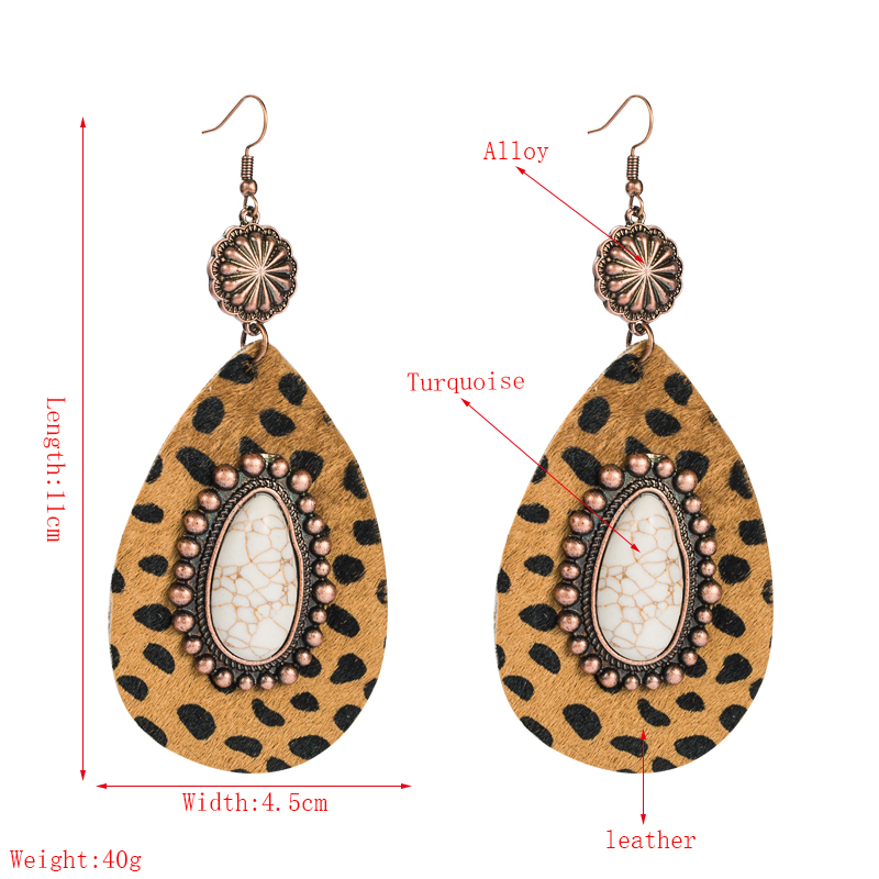 Übertriebene Tropfenförmige Leopardenohrringe Aus Leder, Eingelegt Mit Langen Ohrringen Aus Weißer Türkisfarbener Bronze display picture 1