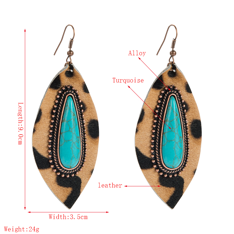 Exaggerated Drop-shaped Turquoise Leather Leopard Print Earrings display picture 1