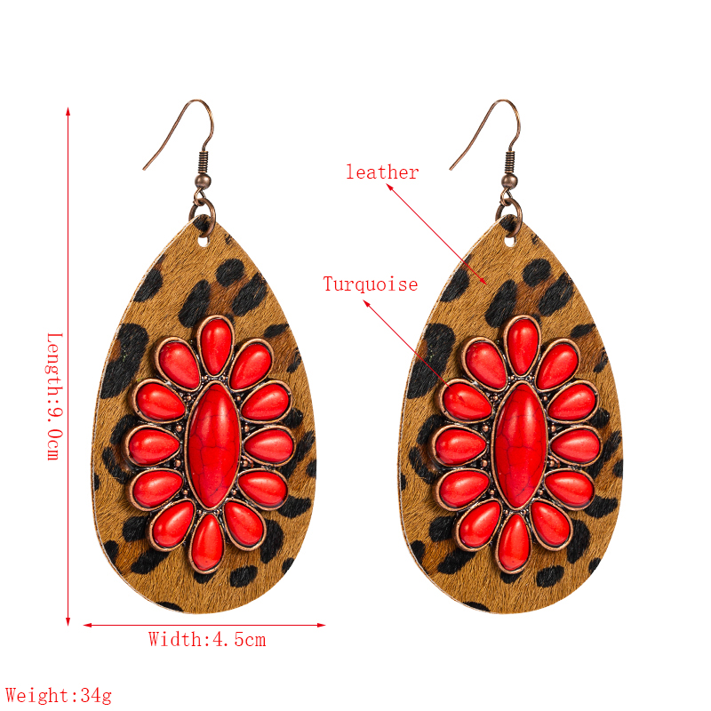 Bohemian Drop-shaped Leather Leopard Earrings Exaggerated White Turquoise Earrings display picture 1