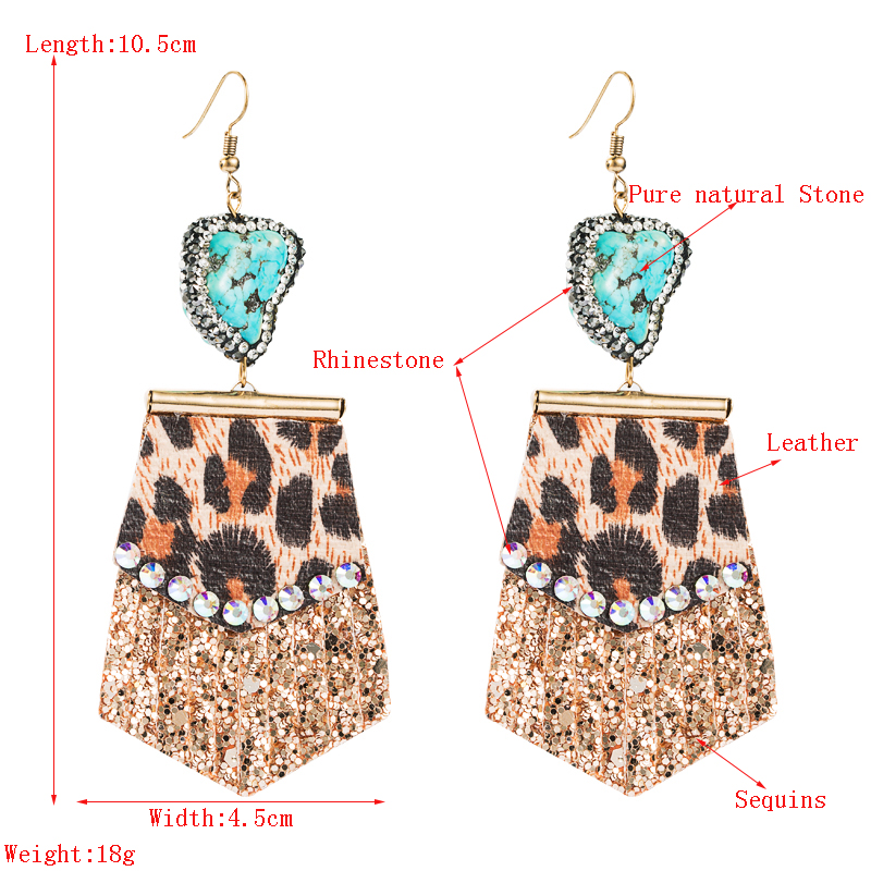 Leopard Print Long Leather Earrings Natural Stone Diamond Earrings display picture 1