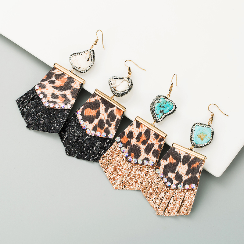 Leopard Print Long Leather Earrings Natural Stone Diamond Earrings display picture 2