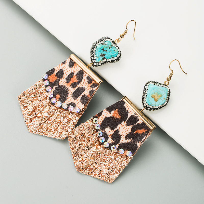 Leopard Print Long Leather Earrings Natural Stone Diamond Earrings display picture 3
