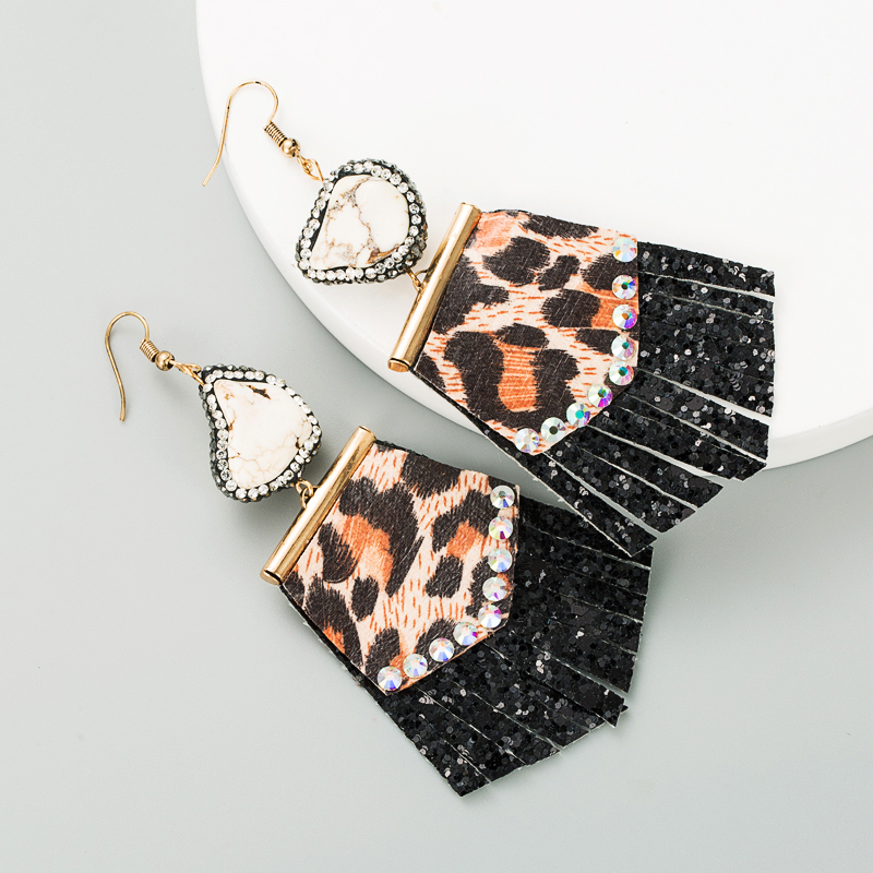 Leopard Print Long Leather Earrings Natural Stone Diamond Earrings display picture 4