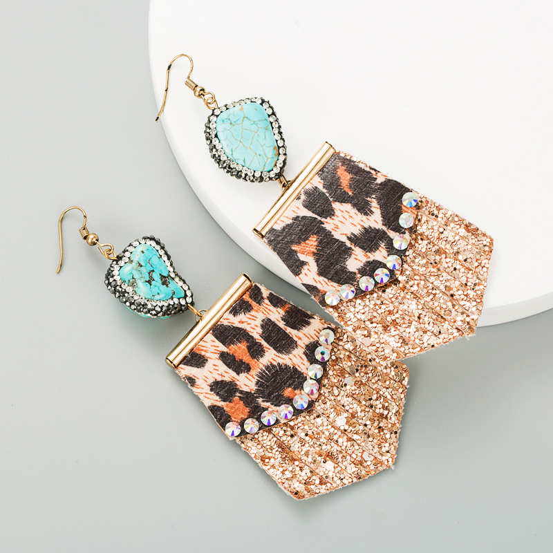 Leopard Print Long Leather Earrings Natural Stone Diamond Earrings display picture 5