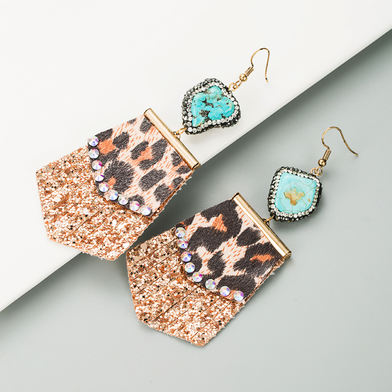 Leopard Print Long Leather Earrings Natural Stone Diamond Earrings display picture 6