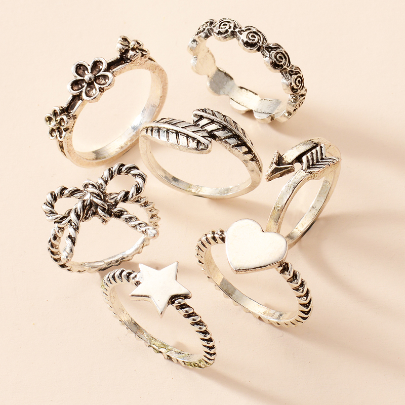 Retro Style Fashion New Simple Silver Bow Peach Heart Ring Set display picture 4