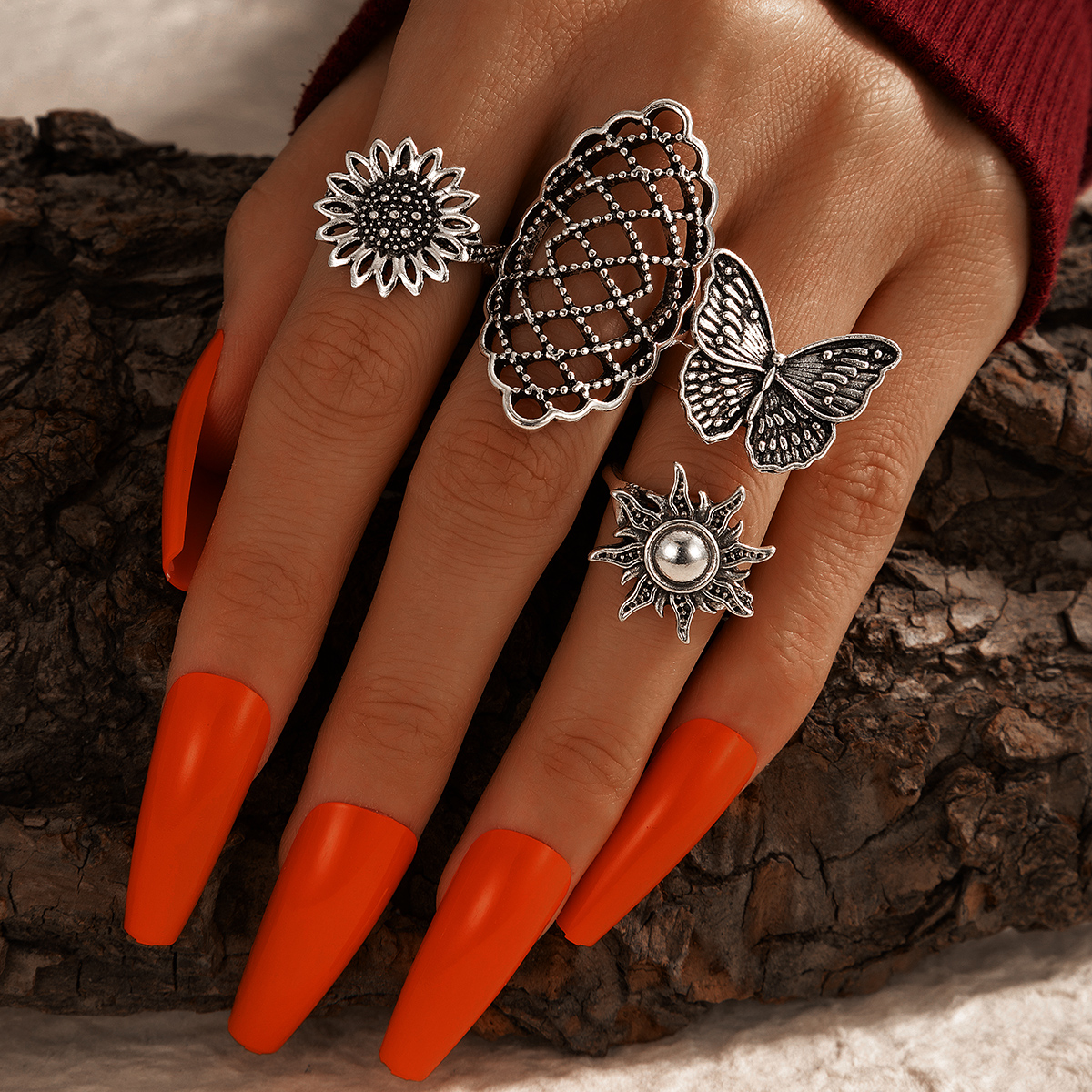 Simple Fashion Butterfly Geometric Retro Ring Set display picture 1