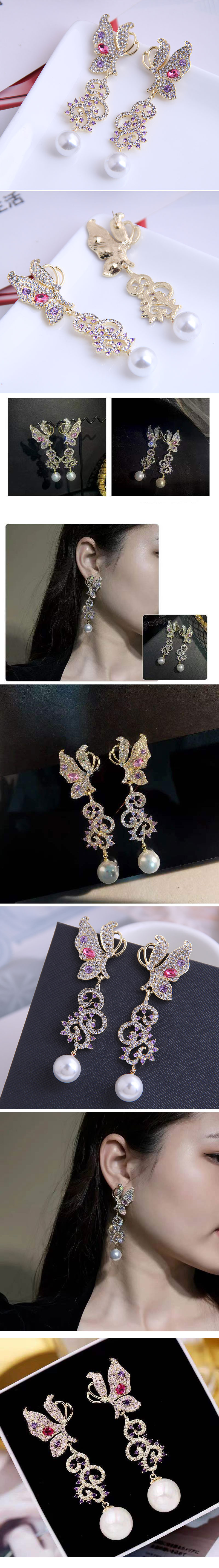 Fashion Metal Diamond Butterfly Pearl Earrings display picture 1