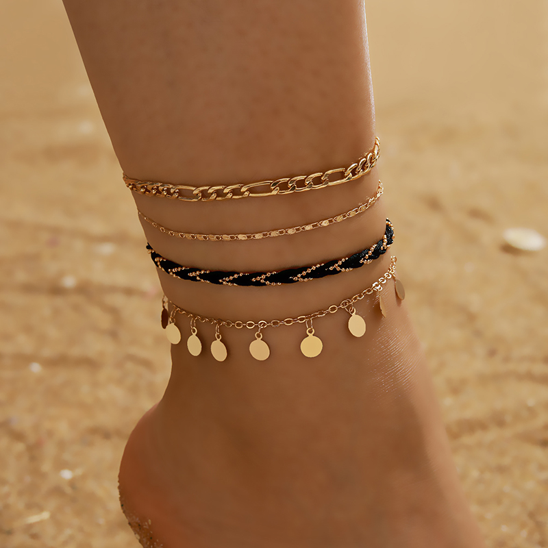 Creative Fashion Style New Metal Chain Disc Tassel Braided Anklet 4-piece Set display picture 1