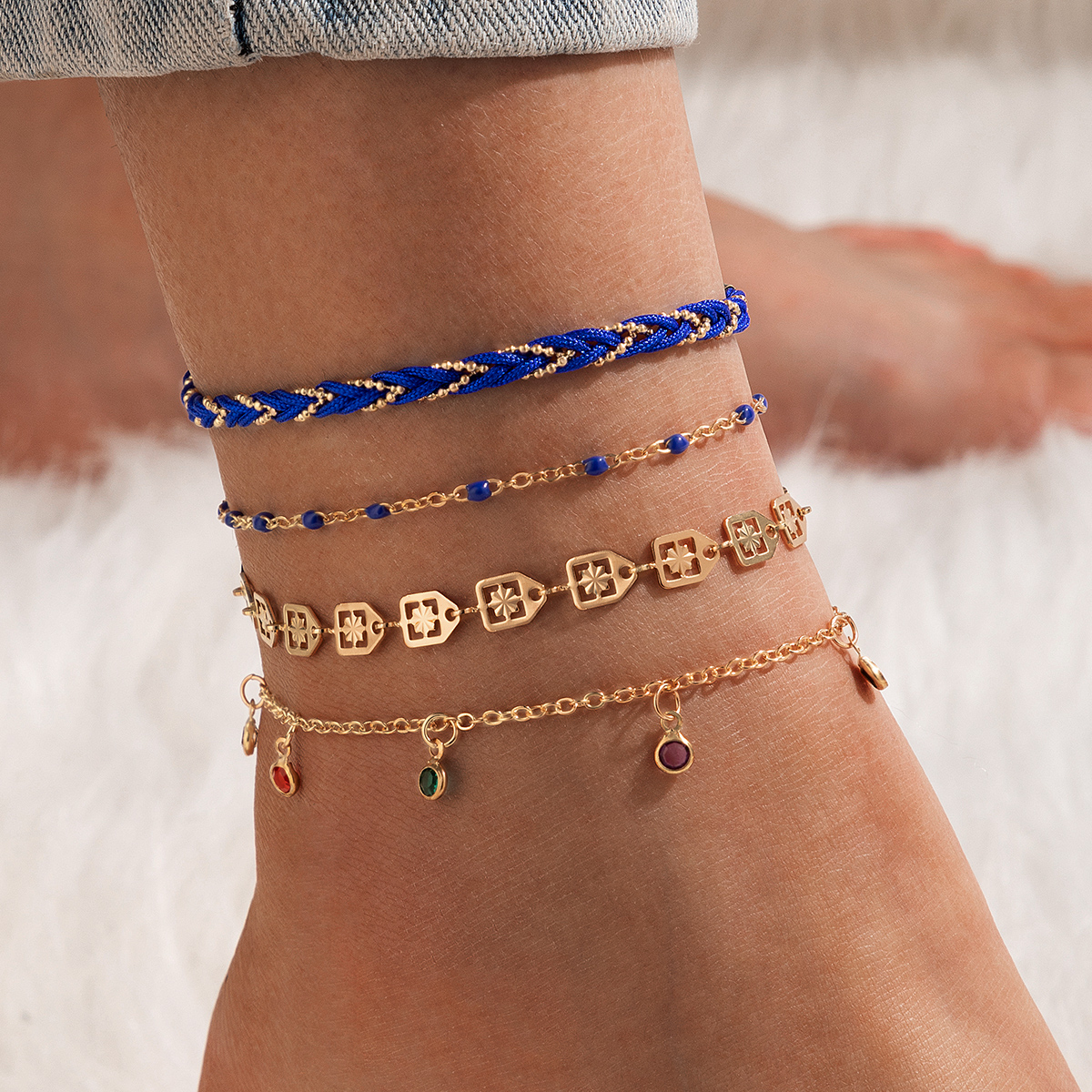 New Bohemia Beach Style Hollow Geometric Color Tassel Cord Anklet Set display picture 4