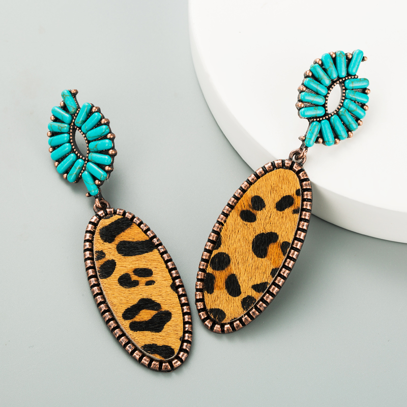 New Alloy Inlaid Turquoise Paste Leather Horsehair Print Leopard Earrings display picture 4
