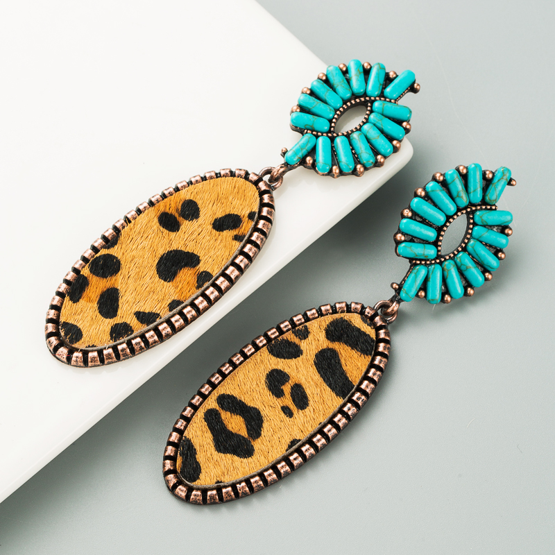 New Alloy Inlaid Turquoise Paste Leather Horsehair Print Leopard Earrings display picture 5