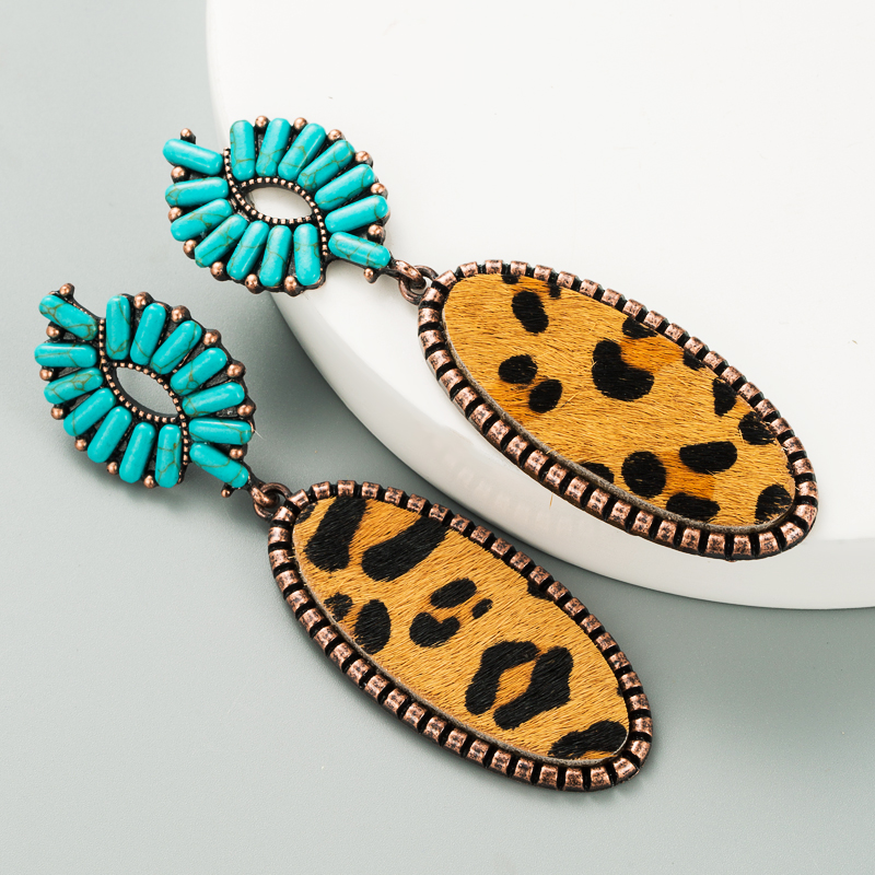 New Alloy Inlaid Turquoise Paste Leather Horsehair Print Leopard Earrings display picture 6