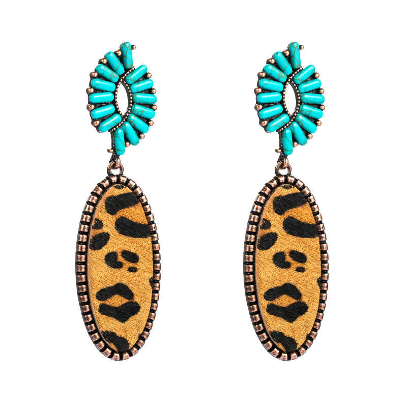 New Alloy Inlaid Turquoise Paste Leather Horsehair Print Leopard Earrings display picture 7