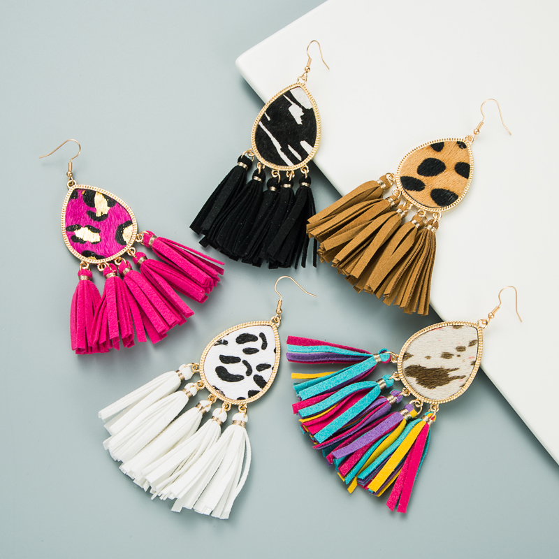 Fashion New Tassel Leather Horsehair Print Leopard Earrings display picture 2