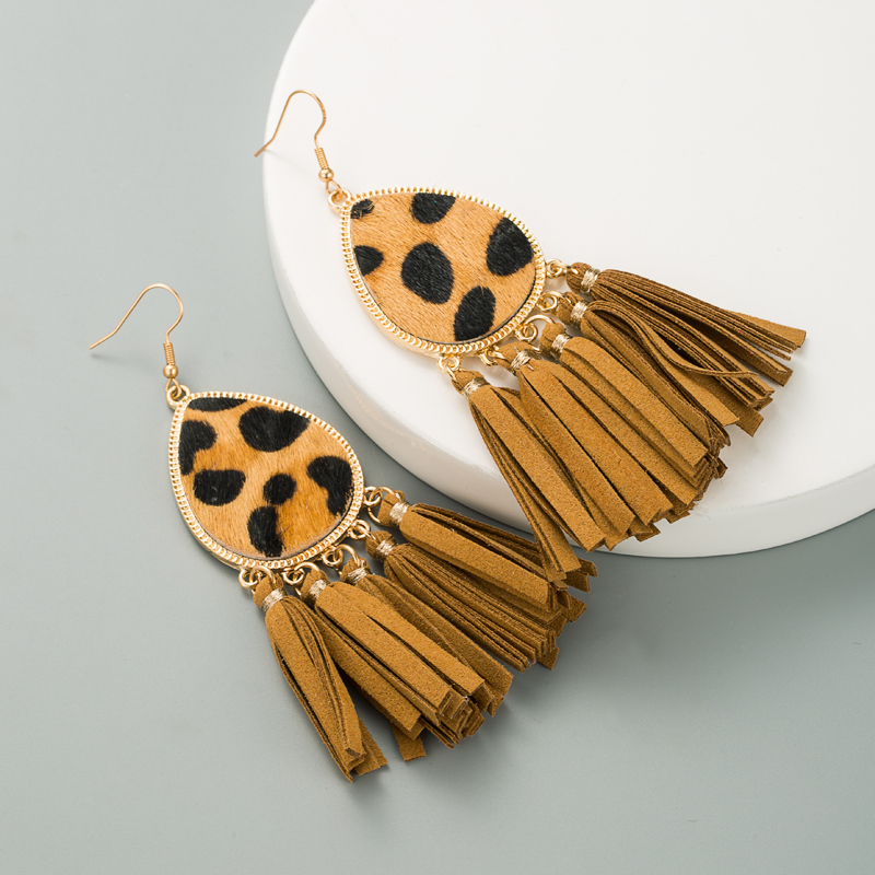 Fashion New Tassel Leather Horsehair Print Leopard Earrings display picture 4