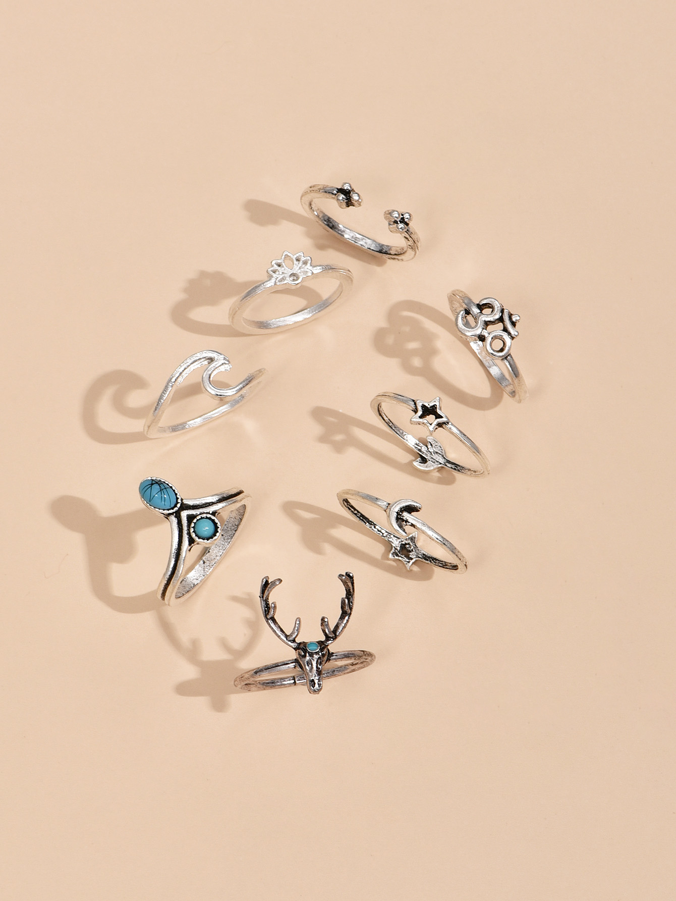 Fashion Simple Crescent Star Flower Alloy Ring 8-piece Sets display picture 4