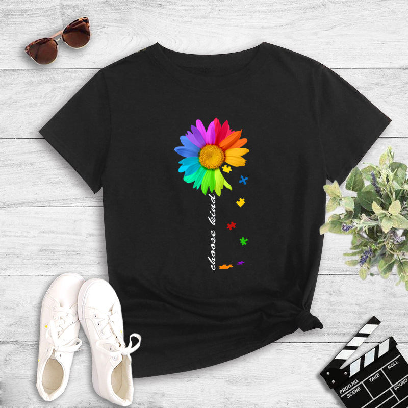 Contrast Color Sunflower English Print T-shirt display picture 1