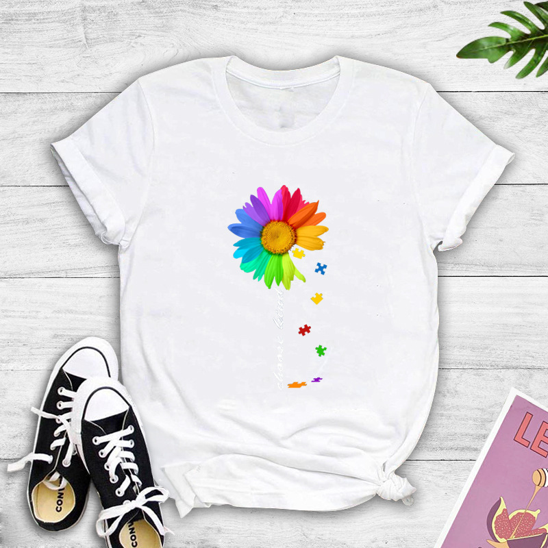 Contrast Color Sunflower English Print T-shirt display picture 2