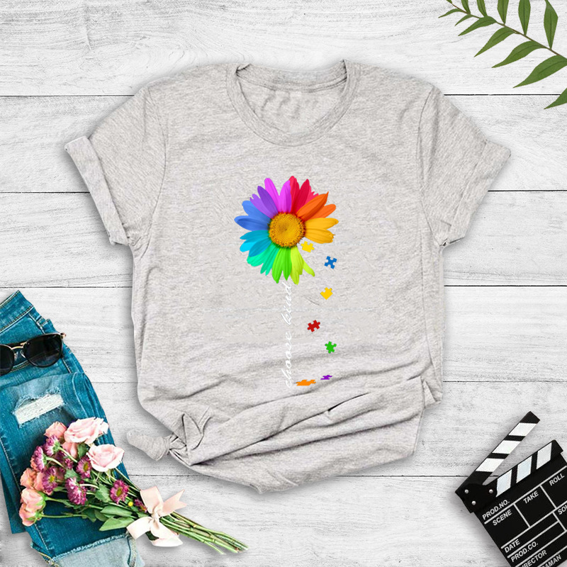Contrast Color Sunflower English Print T-shirt display picture 3