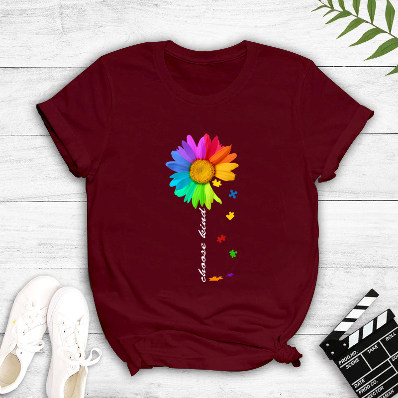 Contrast Color Sunflower English Print T-shirt display picture 4